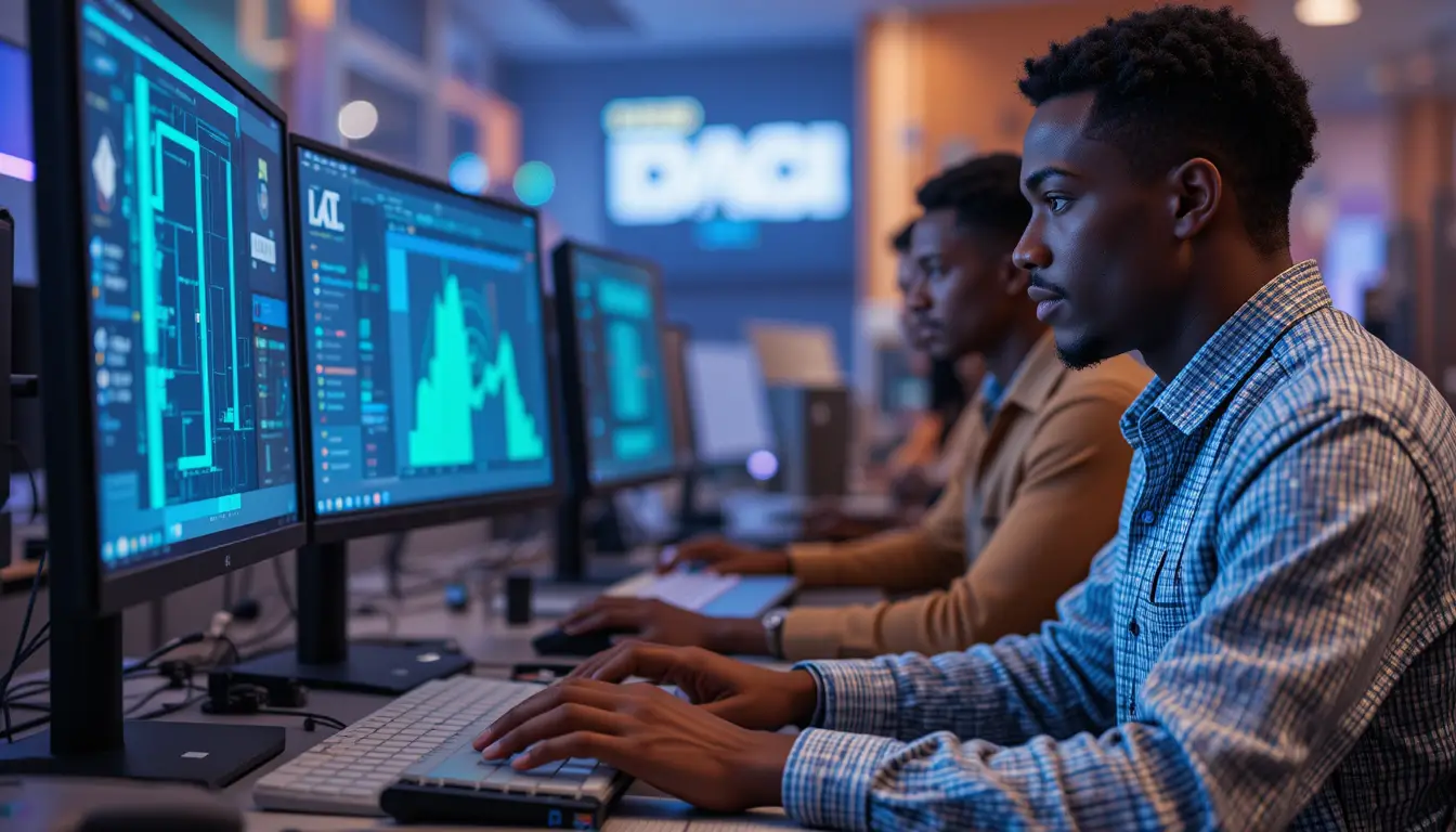People working with computers and digital interfaces